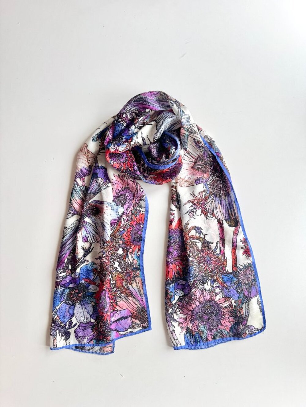 Vintage Unbranded Purple Floral Silk Charmeuse 68" x 16.5" Long Rectangle Scarf